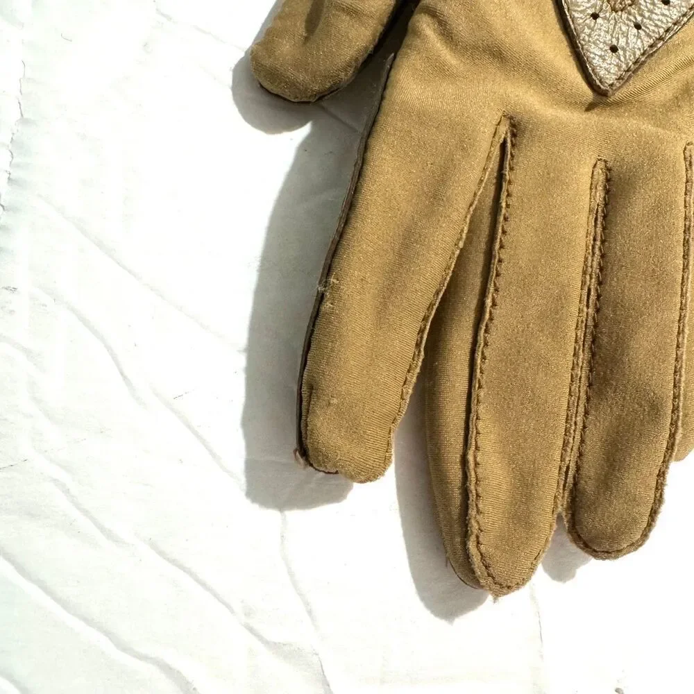 Vintage Driving Gloves Vegan Leather Tan Brown Womens Winter Warm Stretch Lined